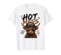 Hot Mess But First Coffee alimenté par Caffeine Highland Cow T-Shirt Graphique avec Valeur, Homme, Blanc, S