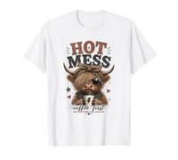 Hot Mess But First Coffee alimenté par Caffeine Highland Cow T-Shirt Graphique avec Valeur, Homme, Blanc, XL