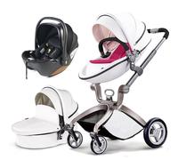 Hot Mom Landau haut de gamme avec attache poussette et baignoire bébé 2 en 1, Poussette combinée attaches réversibles en cuir PU Suspension roues PU 2023 nouveau design, F22 (avec siège auto, Blanc-3)