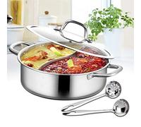 Hot Pot, 28 cm/32 cm, double séparation en acier inoxydable, couvercle en verre, avec 2 compartiments pour mandarine, mini cuisinière portable (28 cm avec cuillère à soupe + passoire)