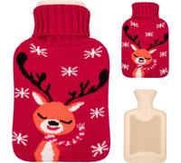 Hot Water Bottle 800ml Rubber Bottle With Knitted Cover Deer And Snowflake Design For Warming Hands,Feet,Neck And Shoulder Pain Relief (Red)