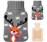 Hot Water Bottle 800ml Rubber Bottle With Knitted Cover Deer And Snowflake Design For Warming Hands,Feet,Neck And Shoulder Pain Relief (Grey)