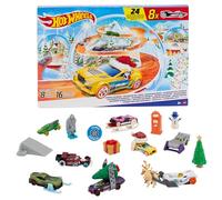 Hot Wheels Calendrier de l’avent 2024, avec 8 voitures Hot Wheels à l’échelle 1/64 et 16 accessoires sur le thème de l’hiver, calendrier de 24 portes numérotées avec un tapis de jeu, HTG00