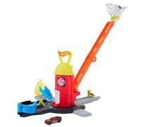 Hot Wheels Caserne de Pompiers Ultime Coffret caserne et Camion de Pompiers à l’échelle 1/64, Piste-échelle Extensible de 40 cm, 4 Sorties différentes, Rangement Facile, JHL95