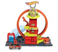 Hot Wheels Coffret Looping Caserne de Pompiers HKX41 – 1 voiture, ascenseur, rampe jet d'eau Orange