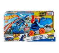 Hot Wheels City - Transporteur Geant T Rex 2 en 1 : Camion et Dino piste de course - Sons et lumieres - Set Jouet vehicules + carte