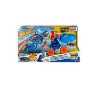 Hot Wheels City - Transporteur Geant T Rex 2 en 1 : Camion et Dino piste de course - Sons et lumieres - Set Jouet vehicules + carte