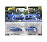 Hot Wheels Coffret Car Culture Premium 2 véhicules (2004 Volkswagen Golf R32 & Volkswagen Golf MK7), à l’échelle 1/64, pneus Real Riders, châssis métal/métal, Jouet pour collectionneurs, JHW49