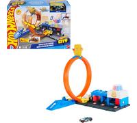 Hot Wheels Coffret Super Poste de Police Hot Wheels City avec véhicule en métal à l’échelle 1/64, Un looping réglable pour Varier Les Courses et Les Cascades, JBM71