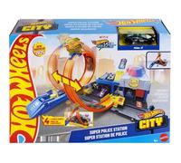 Hot Wheels Coffret Super Poste de Police Hot Wheels City avec véhicule en métal à l’échelle 1/64, Un looping réglable pour Varier Les Courses et Les Cascades, JBM71
