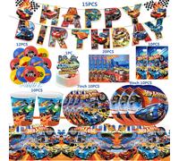 Hot Wheels Décoration de fête Voiture de course Fournitures d'anniversaire Tasse en papier Assiette Couverts Voitures Ballons Gâteau Drapeau Vortex Cadeaux pour enfants BPQLZZ-66PCS