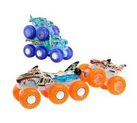Hot Wheels Gros Camion Monster Trucks Power Smashers Coffret Mega-Wrex et Tiger Shark à l’échelle 1/64, avec Leurs remorques à décoration Power Smashers Assortie, HYJ29