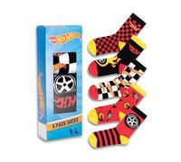 Hot Wheels Lot de 5 paires de chaussettes mollet pour garçon | Motifs rayés et à carreaux rouges, noirs et jaunes | Motifs flammes et damier | Chaussettes de sport pour enfants