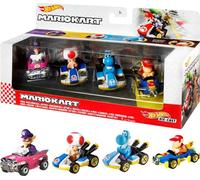 Hot Wheels Mario Kart Voertuigen 4-Pack, set van 4 geliefde personages met 1 exc