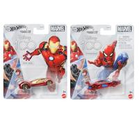 Hot Wheels Marvel Disney Lot de 2 véhicules moulés sous pression 100 personnages Iron Man et Spider-Man, à partir de 3 ans