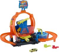 Hot Wheels Méga Looping Station de Lavage, coffret de piste avec véhicule Hot Wheels Color Shifters à l’échelle 1/64, changement de couleur à volonté pendant les cascades et les courses, JTC56