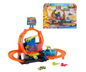 Hot Wheels Méga Looping Station de Lavage, coffret de piste avec véhicule Hot Wheels Color Shifters à l’échelle 1/64, changement de couleur à volonté pendant les cascades et les courses, JTC56