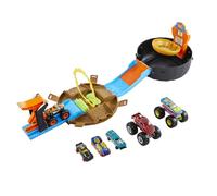 Hot Wheels Monster Coffret Arène Roue | Mallette en forme de pneu transformable en circuit, 3 Monster Trucks et 4 voitures jouets à l’échelle 1:64, HHY74