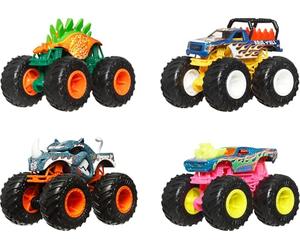 Hot Wheels Monster Trucks Coffret de 4 | Coffret de 4 camions jouets à l’échelle 1:64, grandes roues, personnages favoris, gros pneus, JGD65