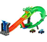 Hot Wheels Monster Trucks Coffret Piste Dragon Sharks vs. Dinos avec Monster Trucks Great Bite et Rageasaur à l’échelle 1/64, course collaborative contre l’ennemi cyborg, JGB06