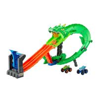 Hot Wheels Monster Trucks Coffret Piste Dragon Sharks vs. Dinos avec Monster Trucks Great Bite et Rageasaur à l’échelle 1/64, course collaborative contre l’ennemi cyborg, JGB06