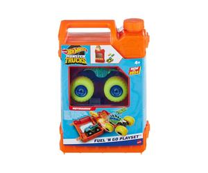 Hot Wheels Monster Trucks Ensemble de Jeu bidon d’Essence Fuel N’ Go avec Motosaurus