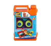 Hot Wheels Monster Trucks Jerrican Coffret à l’échelle 1/64 Qui se transforme en arène de Cascades, avec Motosaurus et 2 Voitures broyées, HXT04