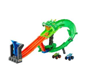 Hot Wheels Monster Trucks Requins contre dinos Coffret Dragon Destruction | Comprend 2 véhicules à l'échelle 1:64, affrontez le Cyborg Nemesis, jouez avec des camions, JGB06