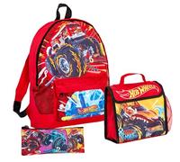 Hot Wheels Monster Trucks Sac à dos + sac à déjeuner + trousse à crayons pour garçon 3 pièces, Rouge, One Size, Sac à dos