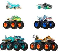Hot Wheels Monster Trucks, Shark and Dinosaur Multipack avec 2 Gros camions, 2 camions Monstres à l'échelle 1:64 et 2 Hot Wheels à l'échelle 1:64, JGD68