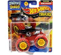 Hot Wheels Monster Trucks, Sharks Vs. Dinos 7/8, Team Dino Bone Shaker [Comprend une voiture écrasée] Véhicule jouet moulé sous pression à l'échelle 1:64