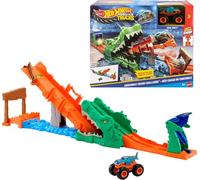 Hot Wheels Monster Trucks Véhicule Mega-Wrex à l'échelle 1:64, course et cascades sur pont de scie à bascule - Crash Challenge Crocodile Playset