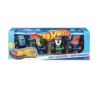 Hot Wheels® Pack de 4 Monster Trucks Assortiment de véhicules à l’échelle 1/64, Roues géantes, Personnages préférés, Superbes décorations, JJT67