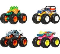 Hot Wheels Pack de 4 Monster Trucks Assortiment de véhicules à l’échelle 1/64, roues géantes, personnages préférés, superbes décorations, JGD65
