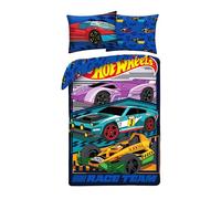 Hot Wheels Parure de Lit Enfant 2 Pièces - Housse de Couette 140x200 cm & Taie d'oreiller 70x90 cm - 100% Microfibre - Design Course Automobile Race Team - Bleu & Multicolore