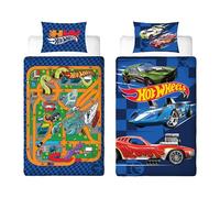 Hot Wheels Parure de lit Simple avec Housse de Couette réversible Double Face Motif Voitures avec taie d'oreiller Assortie Idéal pour Chambre d'enfant