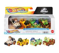 Hot Wheels RacerVerse Coffret de 4 véhicules en métal comprenant les pilotes Jurassic World Charlie, Owen, Dilophosaurus et Allosaurus, HKD32