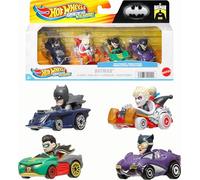 Hot Wheels RacerVerse, Lot de 4 voitures miniatures à l'échelle 1:64 optimisées pour conduire sur des pistes Hot Wheels avec personnages de la culture pop en tant que pilotes, HKD33