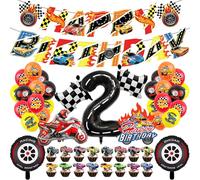 Hot Wheels - Set de décoration pour le 2e anniversaire pour garçons - 48 pièces Ensemble de fête de voitures de course avec ballons, bannière, décoration de table, accessoires pour la fête