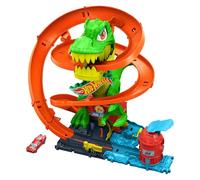 Hot Wheels T-Rex Bataille de Feu Coffret piste de course de 46 cm de haut avec camion de pompier en métal à l’échelle 1/64, plusieurs possibilités de course, dinosaure avec yeux tournoyants, JBM73