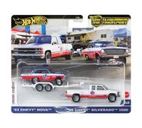 Hot Wheels Team Transport '63 Chevy Nova & '88 Chevy Silverado Ensemble de véhicules moulés sous Pression, Voiture de Course avec remorque, VP Racing, modèle à l'échelle 1:64