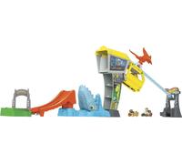 Hot Wheels Trackset et voitures-jouets, RacerVerse Jurassic World Blues Raptorenangriff Trackset avec 2 voitures de course Die Cast : Blue et Owen, HTP12