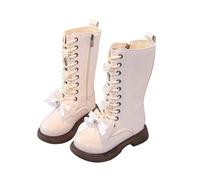 HOT1950s Bottes genou couleur unie fermeture éclair avec élastique à tirer sur talon plat bas chaussures à mollet large avec boucle sangle antidérapante à lacets nœud fleur chaussures en cuir souple