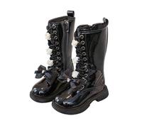 HOT1950s Bottes genou couleur unie fermeture éclair avec élastique à tirer sur talon plat bas chaussures à mollet large avec boucle sangle antidérapante à lacets nœud fleur chaussures en cuir souple
