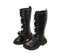 HOT1950s Bottes montantes à fermeture éclair avec élastique à tirer sur talon plat bas Chaussures à mollet large avec sangle à boucle antidérapante à lacets Nœud Fleur Chaussures en cuir de couleur