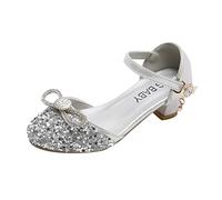 HOT1950s Chaussures scintillantes pour filles avec nœud en cristal et bride Mary Jane - Sandales confortables à talons bas - Chaussures en cuir à paillettes - Pour fête, mariage, anniversaire, bal de