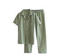 HOT1950s Chemise de nuit décontractée à manches courtes boutonnée avec poches et col imprimé écossais en coton doux pour homme, Vert, XL