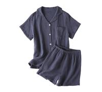 HOT1950s Ensemble de pyjama pour homme avec col de couleur unie avec poche, manches courtes, vêtement de nuit boutonné, jambe large, léger, en coton doux, vêtement de détente, ample, taille élastique