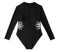 HOT1950s Maillot de bain une pièce à manches longues avec fermeture éclair pour filles de 6 à 14 ans, Noir , 12 ans