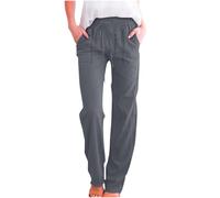 HOT1950s Pantalon en lin pour femme avec cordon de serrage, coupe ample, avec poches, taille haute, taille élastique, décontracté, plage, léger, pantalon d'été pleine longueur, pantalon grande taille